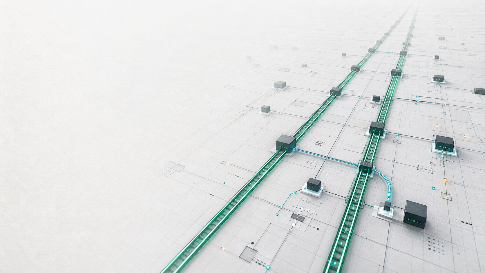 A precision rail-and-compute grid carrying routed traffic between independent compute nodes.
