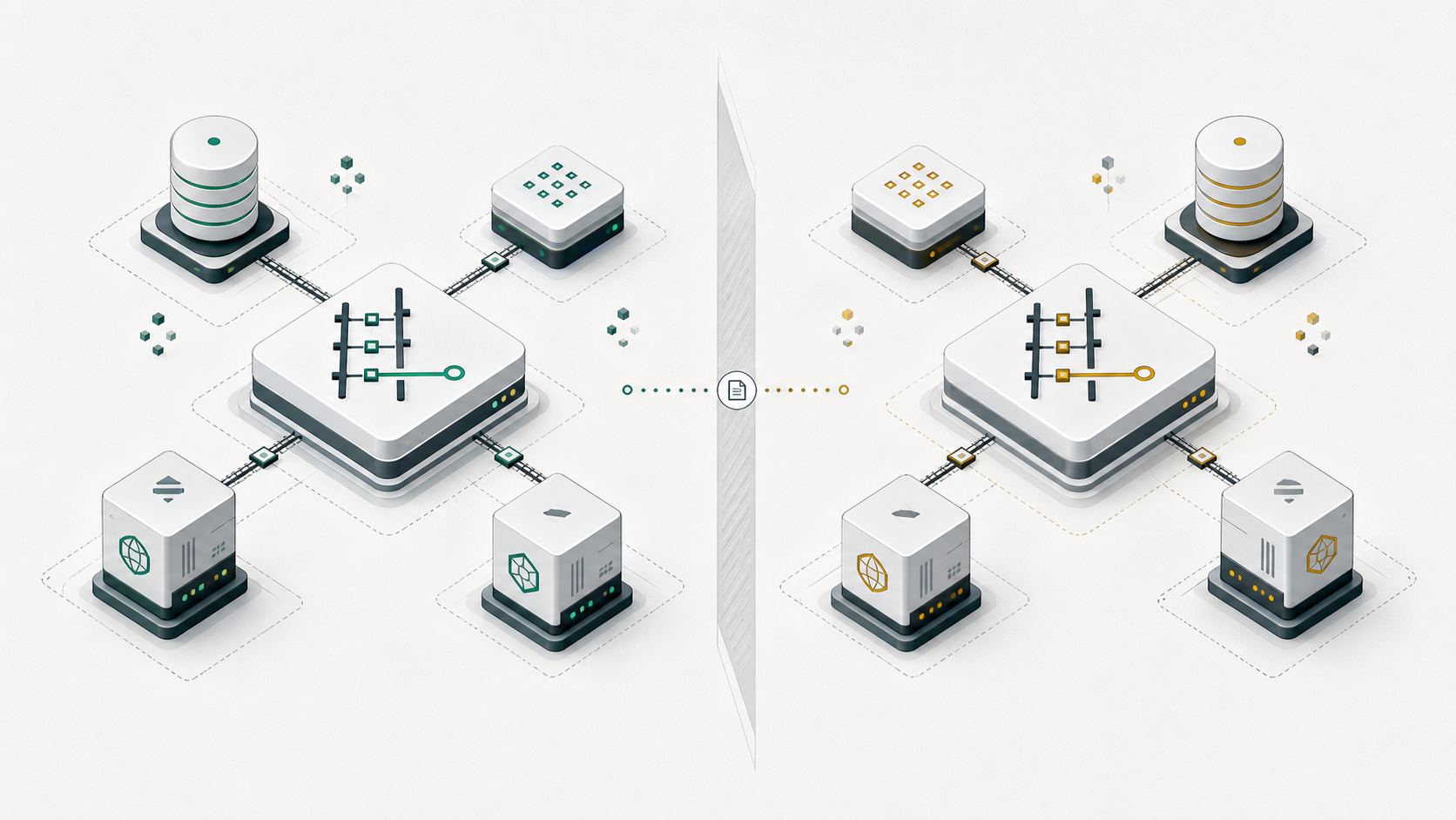 Two self-contained compute environments separated by a physical boundary, each with independent routes and data stores.
